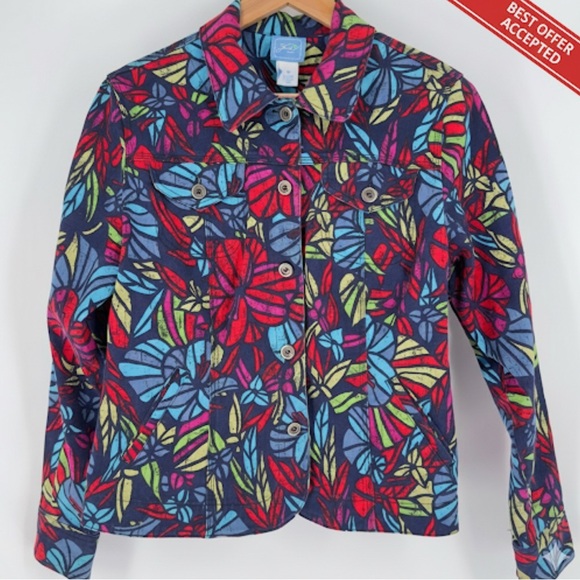 🌺 Multi-Color Floral Tropical Print Denim Jacket Resort Wear Vacation Chic Sz 12 - Picture 2 of 15